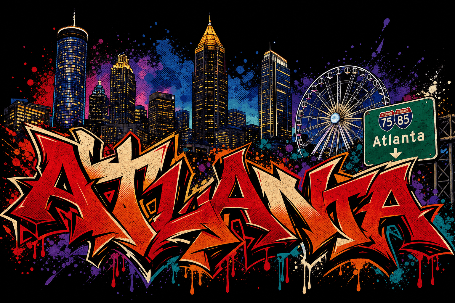 Graffiti-style illustration of the Atlanta skyline